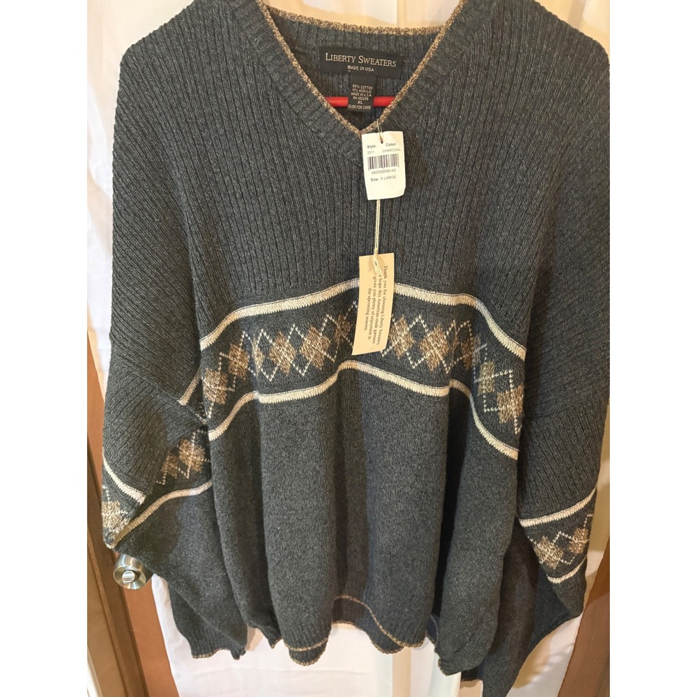 VTG Liberty Sweaters Mens XL NWT Charcoal Gray Argyle V-Neck Knit Made in USA